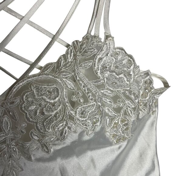 Vtg Womens‎ M Satin Lingerie Tank Top White Applique Lace Strappy Back Ethereal - Picture 3 of 8